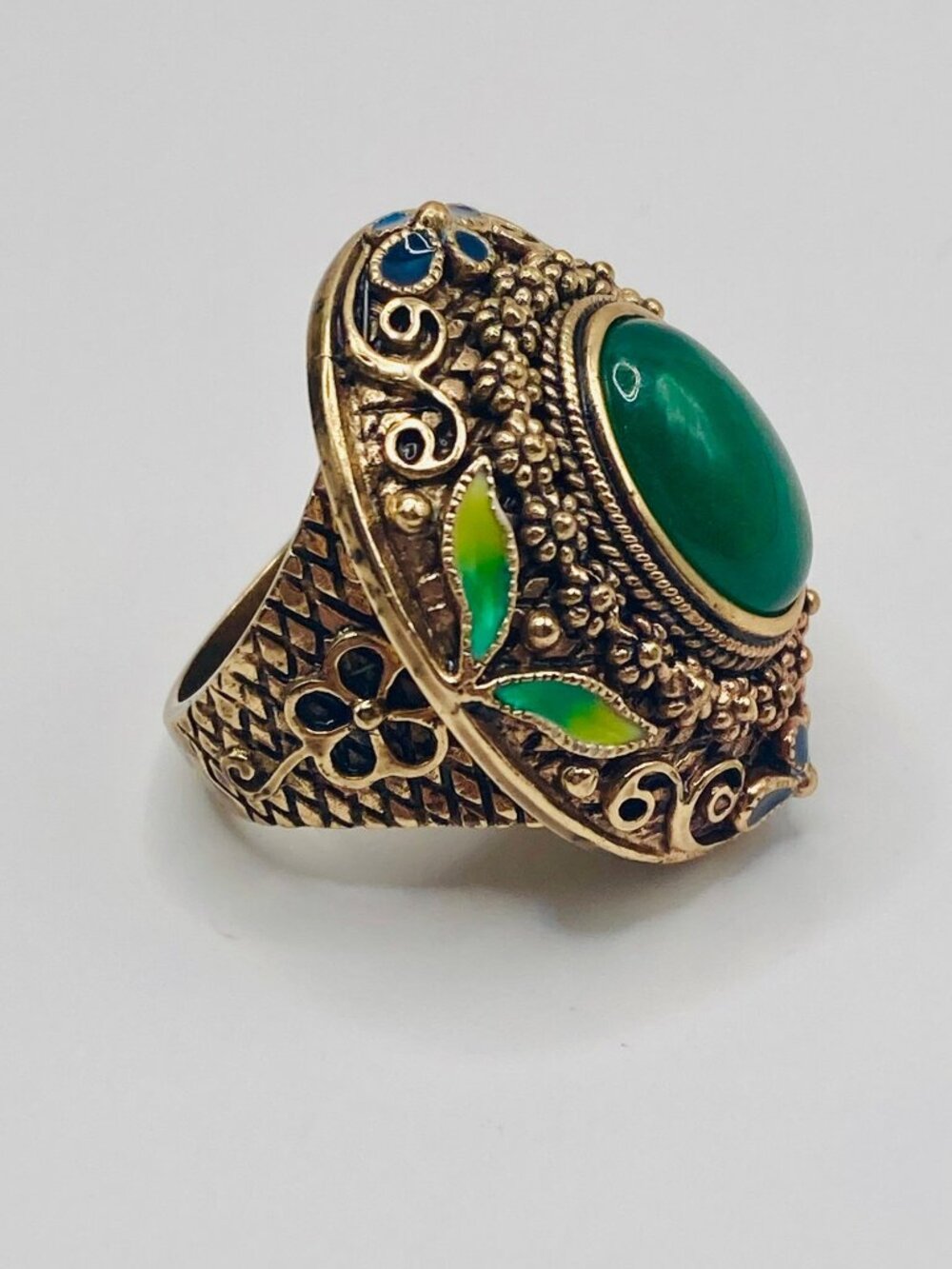 AKR Bronze Green Quartz Statement Ring Enamel Floral Detailing -45B